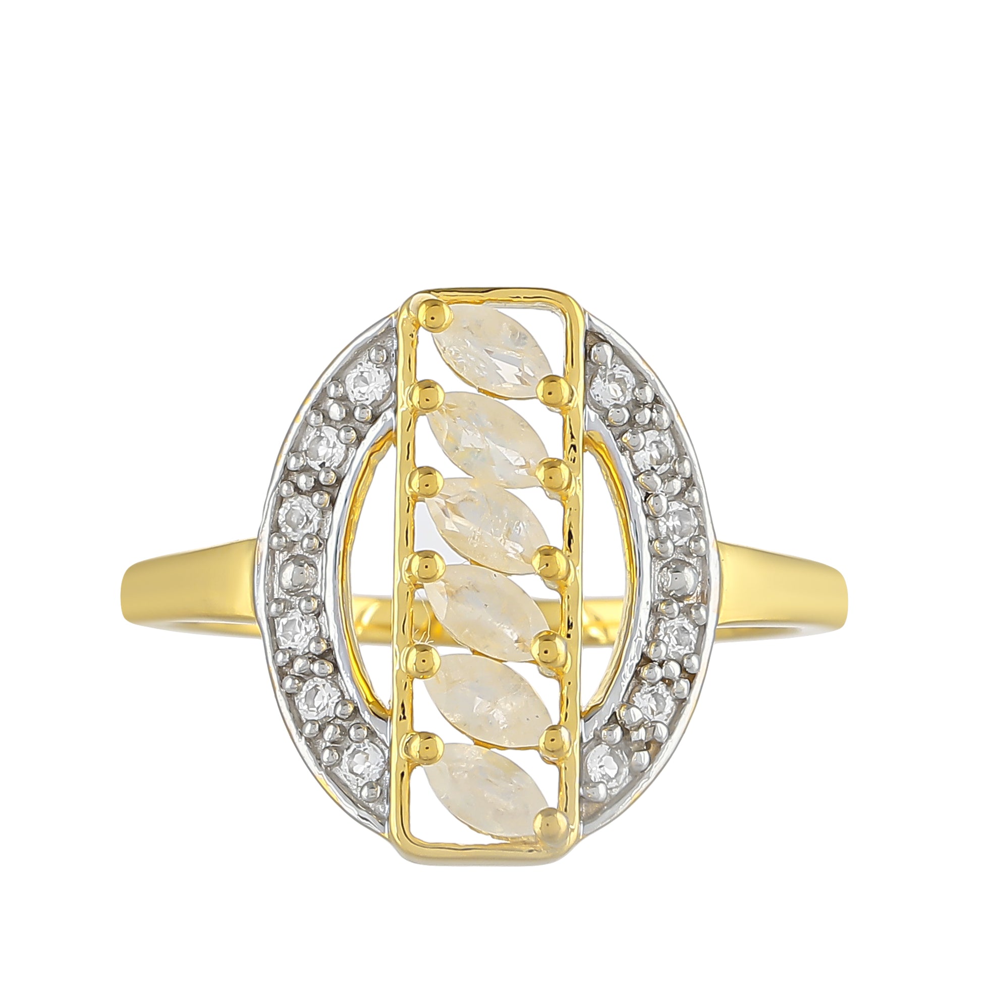 Pozlacený Stříbrný Prsten s Duhovým Měsíčním Kamenem a Bílým Topazem 1 