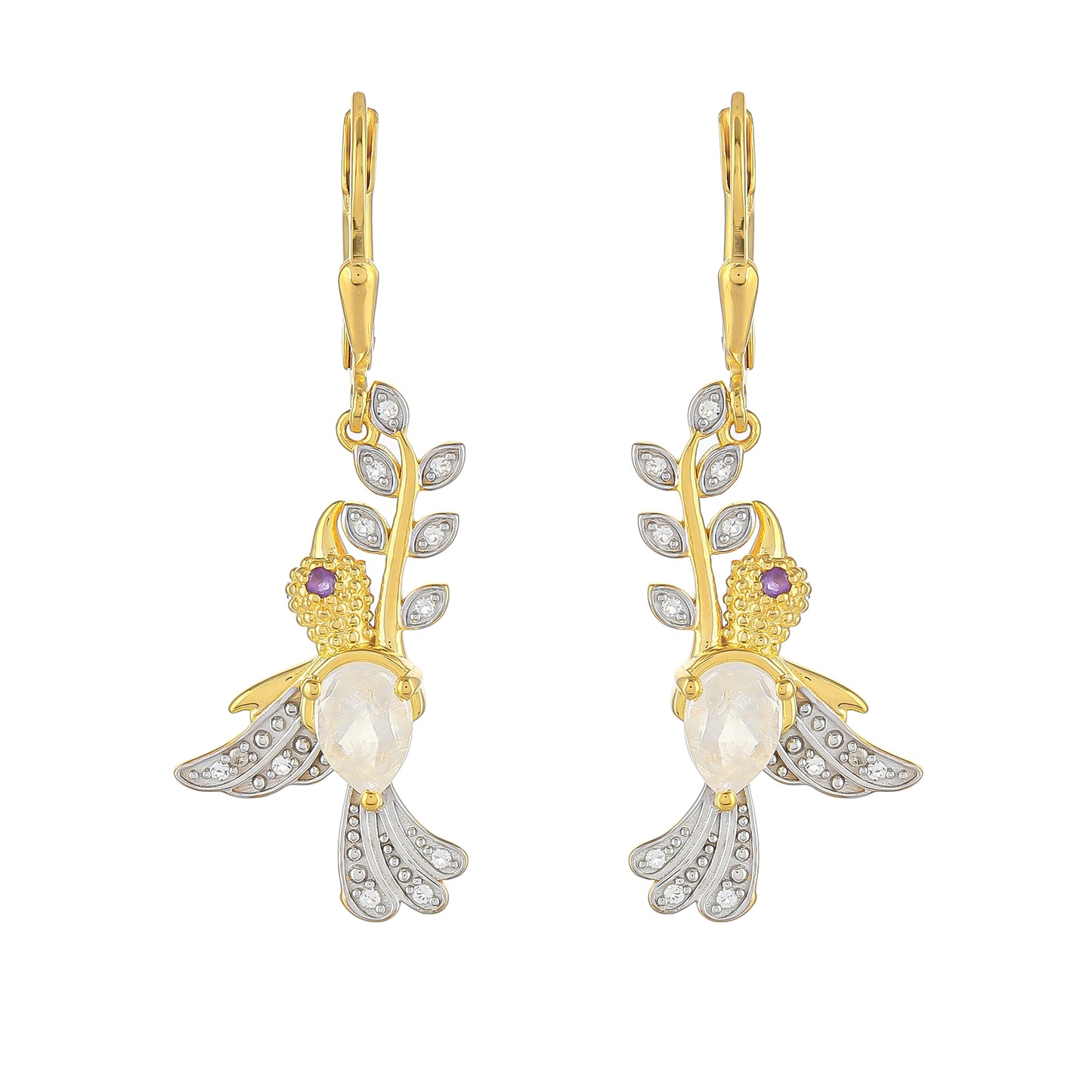 Pozlacené Stříbrné Náušnice s Duhovým Měsíčním Kamenem a Brazilským Ametystem