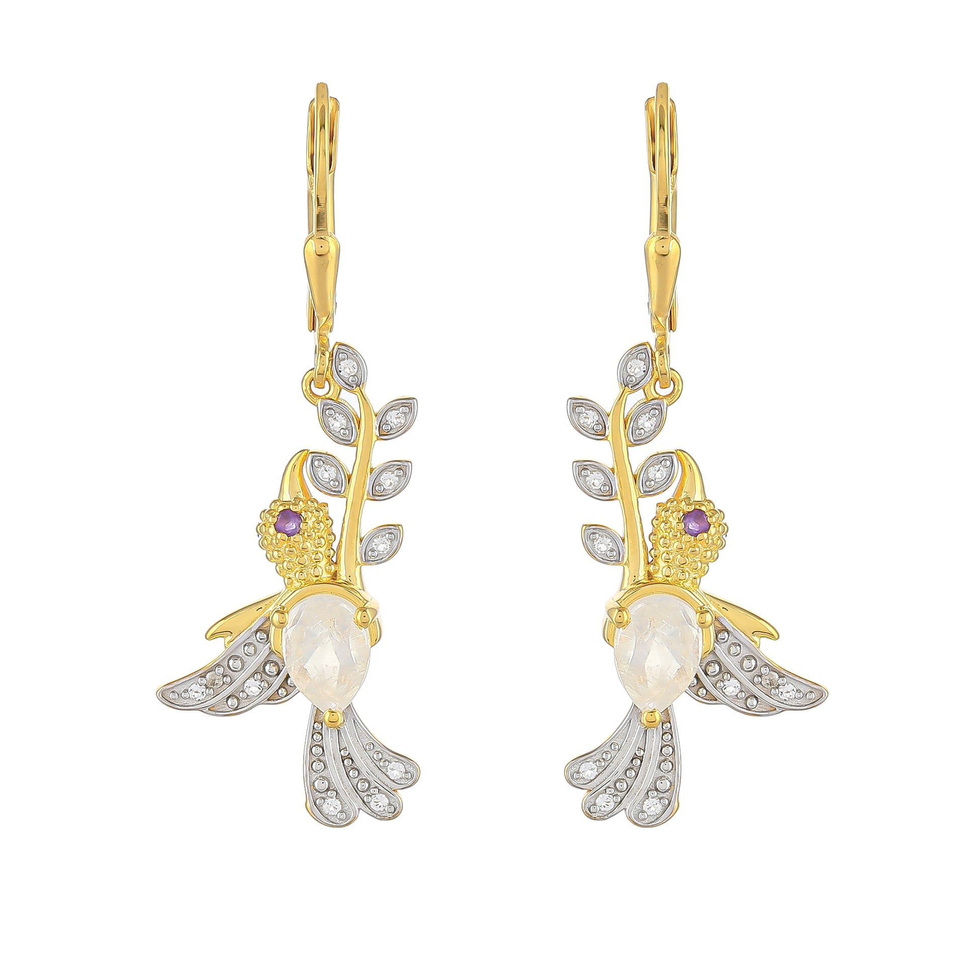 Pozlacené Stříbrné Náušnice s Duhovým Měsíčním Kamenem a Brazilským Ametystem 1 