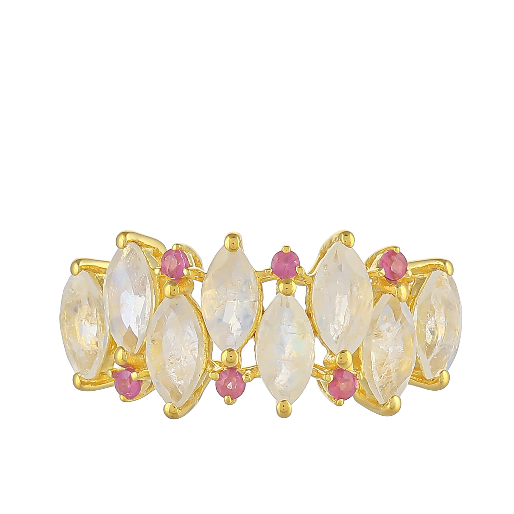 Pozlacený 925 / 1000 Sterlingové Stříbro Prsten s Duhovým Měsíčním Kamenem a Thajským Rubínem 1 