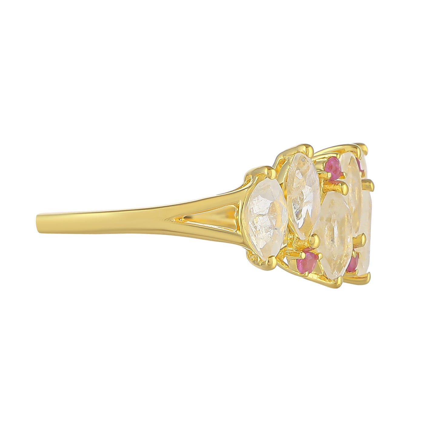 Pozlacený 925 / 1000 Sterlingové Stříbro Prsten s Duhovým Měsíčním Kamenem a Thajským Rubínem