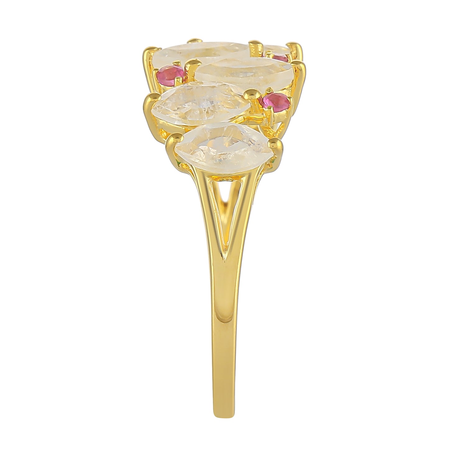 Pozlacený 925 / 1000 Sterlingové Stříbro Prsten s Duhovým Měsíčním Kamenem a Thajským Rubínem