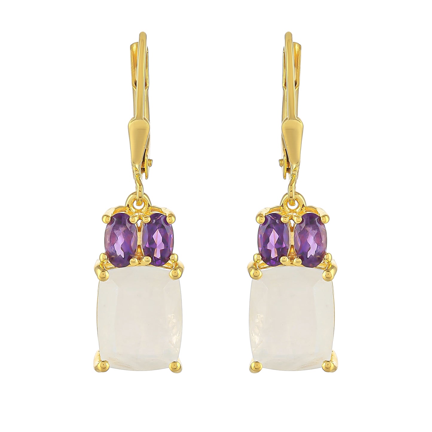 Pozlacené Stříbrné Náušnice s Duhovým Měsíčním Kamenem a Brazilským Ametystem