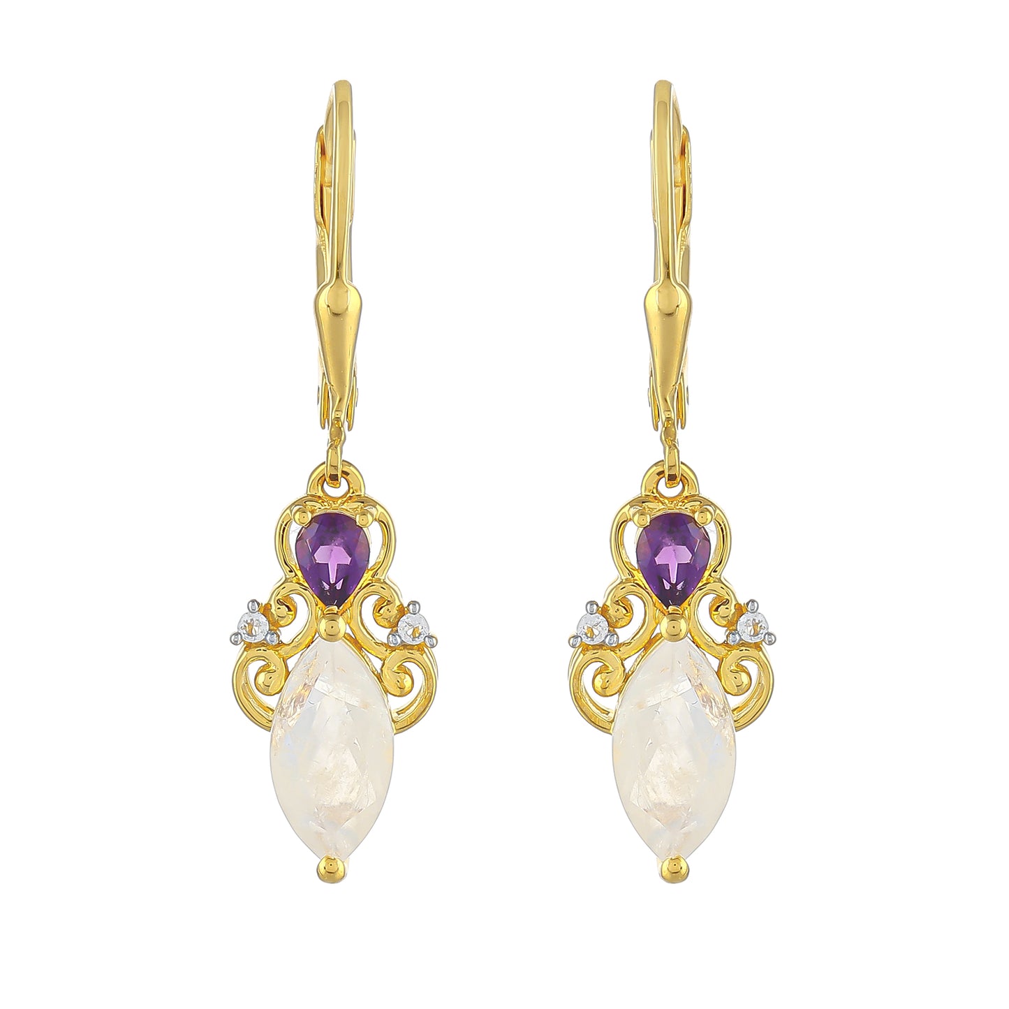 Pozlacené Stříbrné Náušnice s Duhovým Měsíčním Kamenem a Brazilským Ametystem