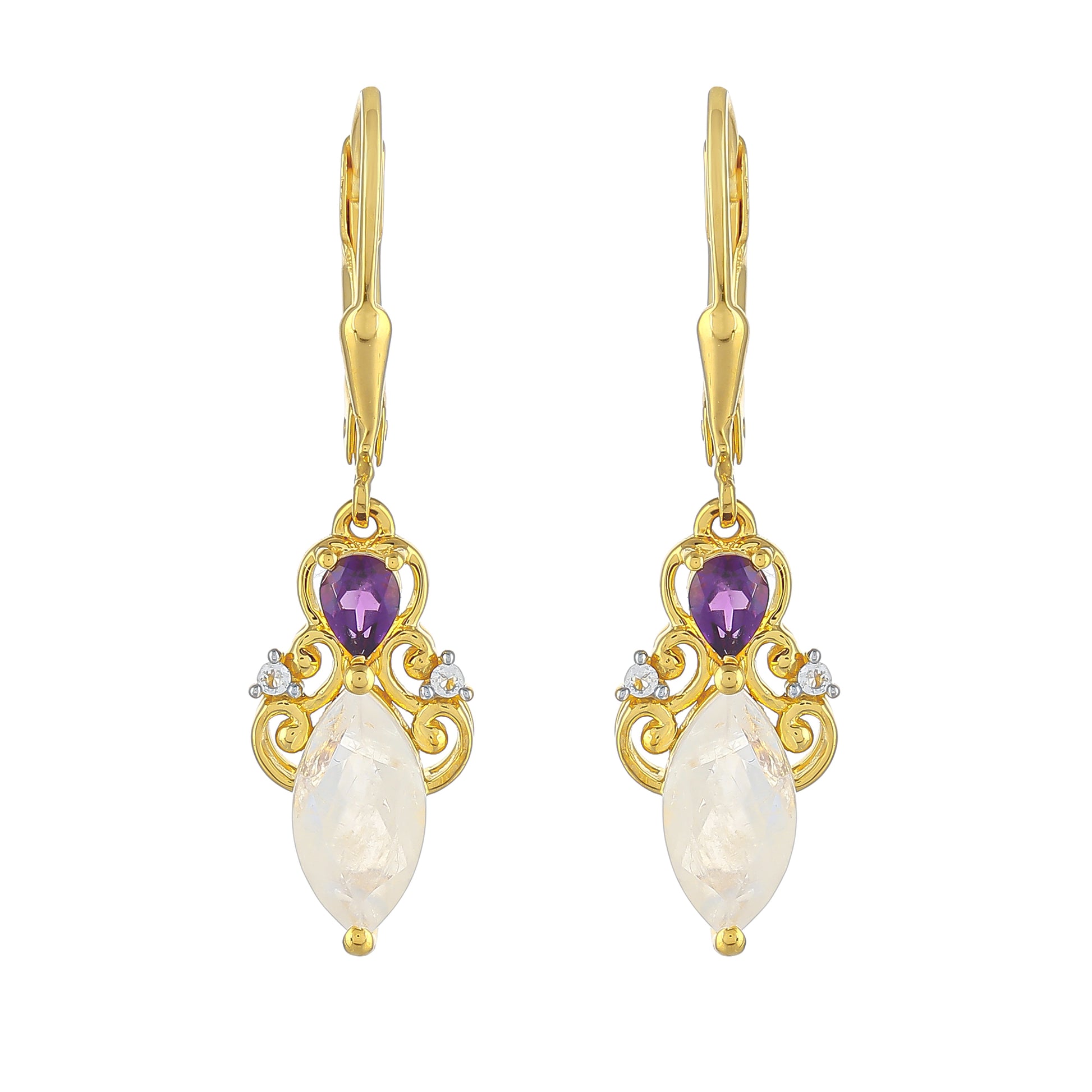 Pozlacené Stříbrné Náušnice s Duhovým Měsíčním Kamenem a Brazilským Ametystem 1 