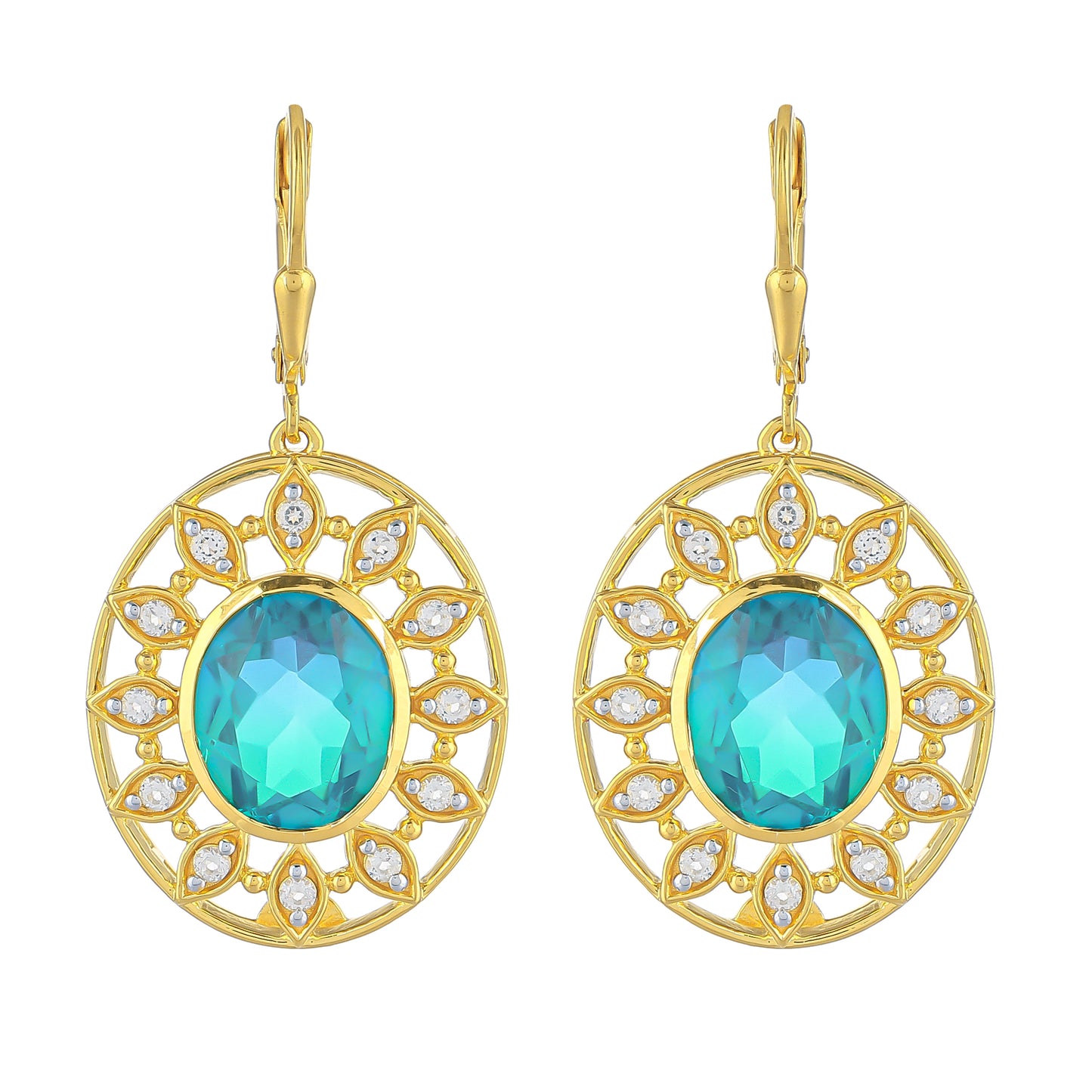 Pozlacené Stříbrné Náušnice s Pavím Křemenem a Bílým Topazem