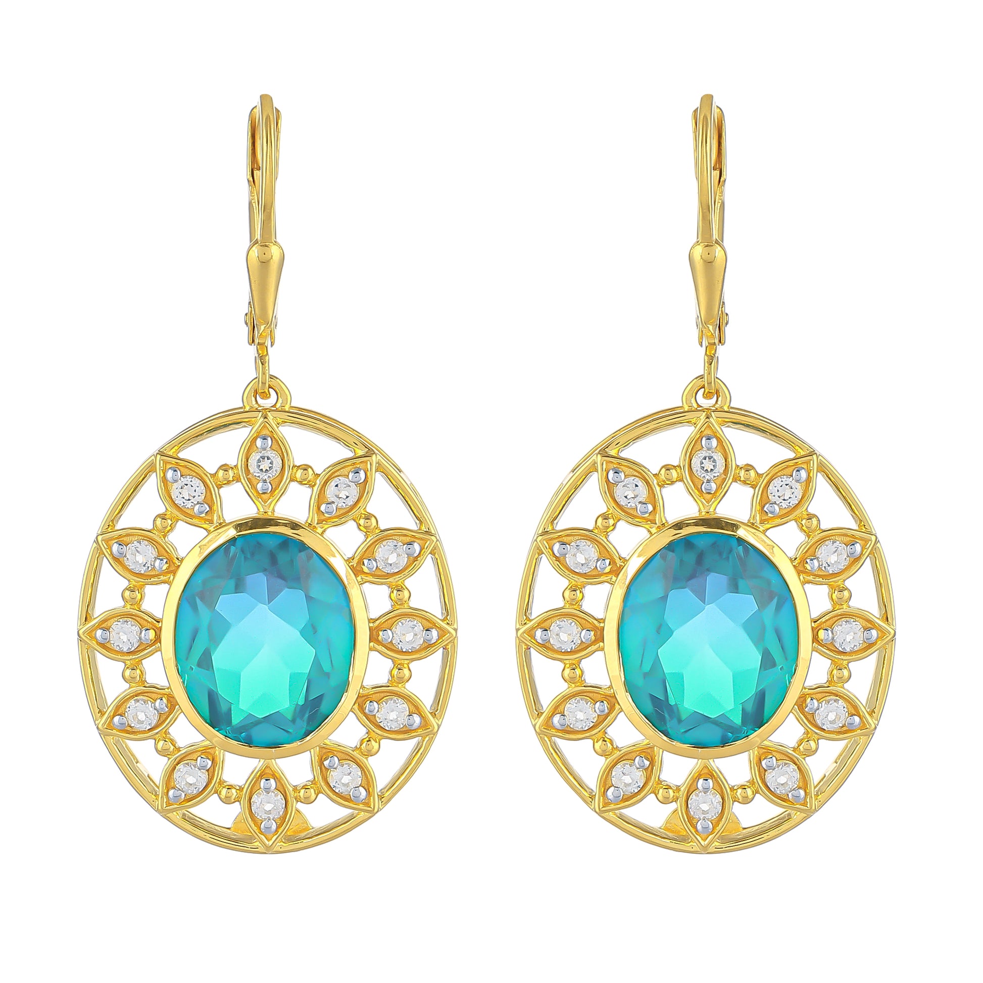 Pozlacené Stříbrné Náušnice s Pavím Křemenem a Bílým Topazem 1 