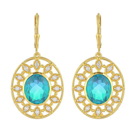 Pozlacené Stříbrné Náušnice s Pavím Křemenem a Bílým Topazem