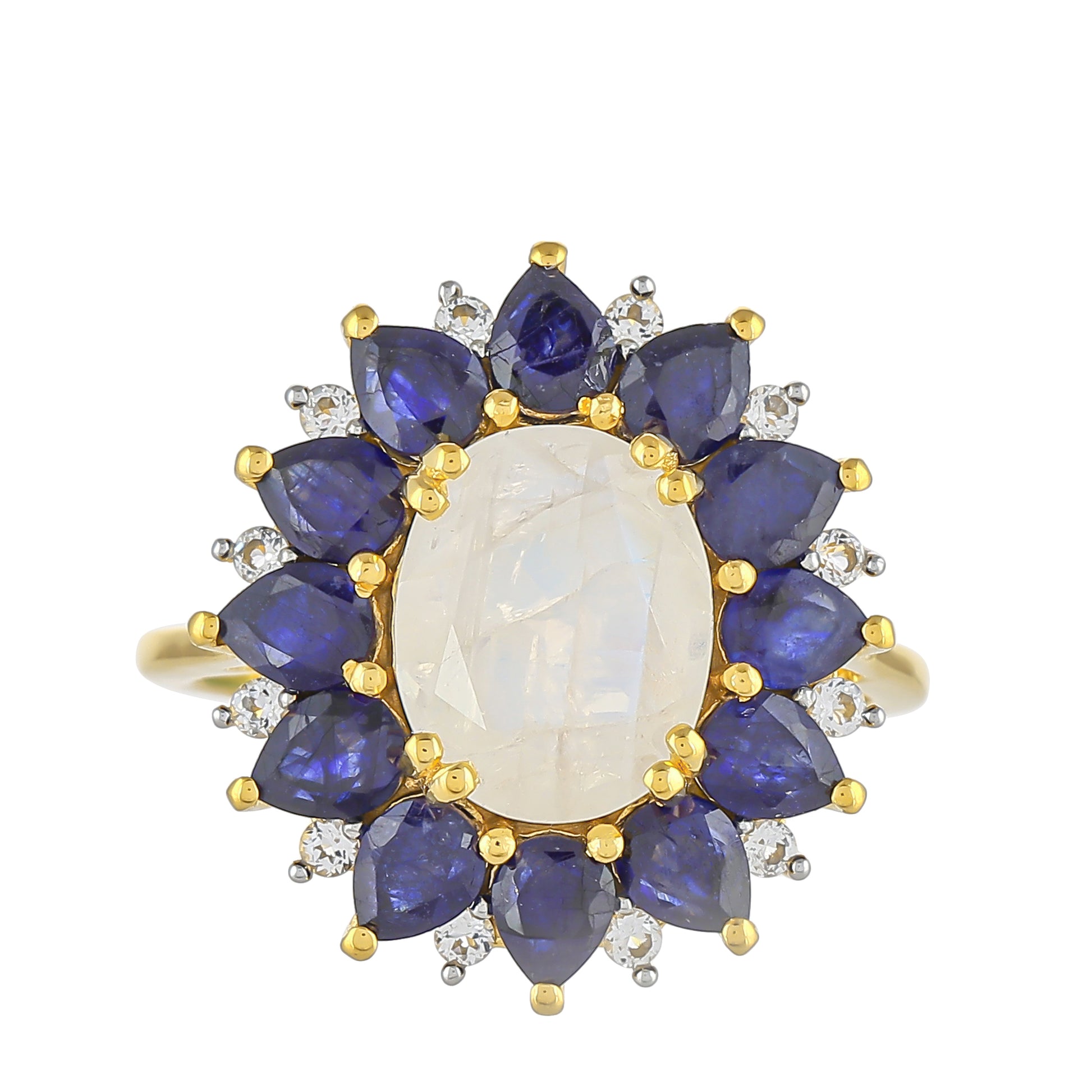 Pozlacený Stříbrný Prsten s Duhovým Měsíčním Kamenem a Thajským Safírem 1 