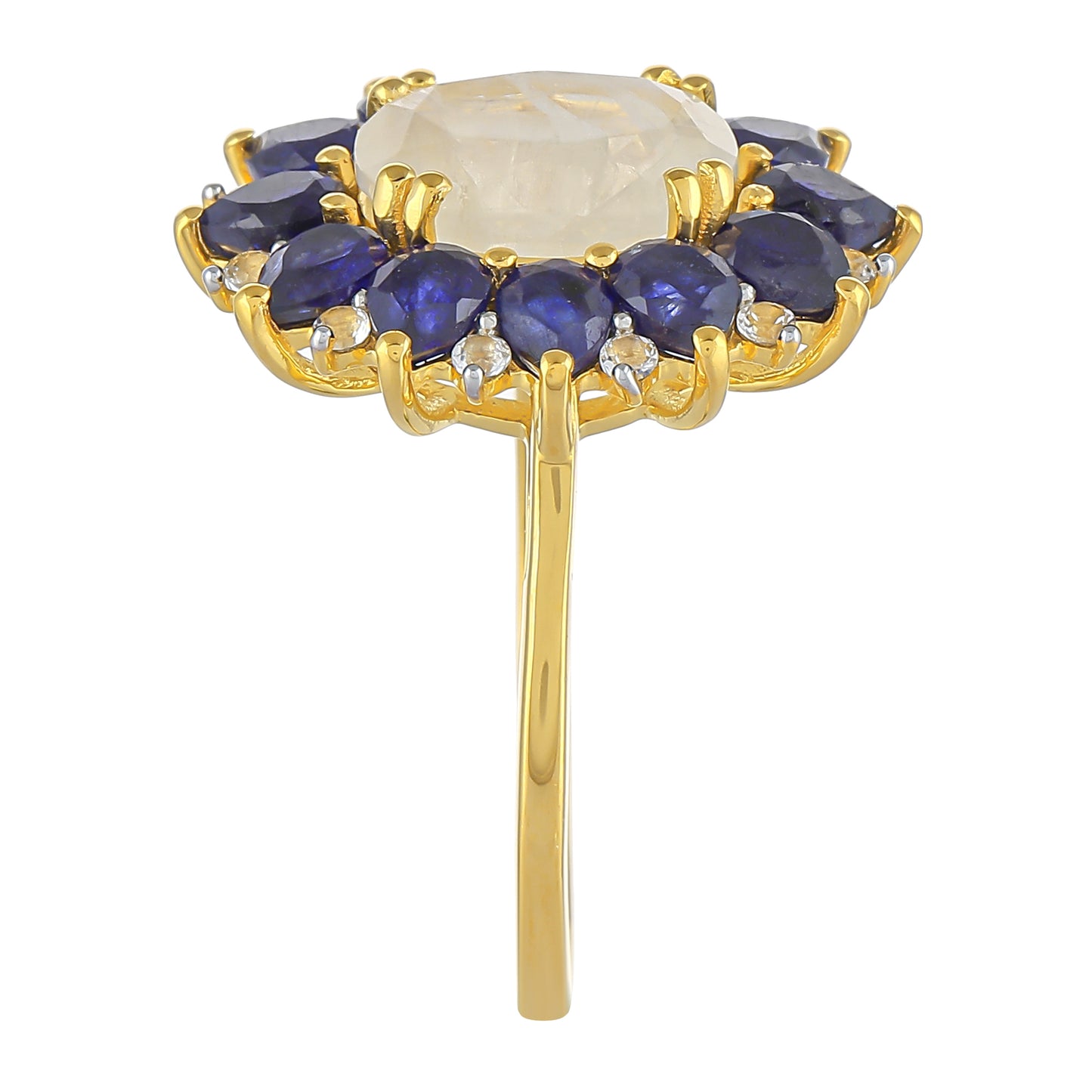 Pozlacený Stříbrný Prsten s Duhovým Měsíčním Kamenem a Thajským Safírem