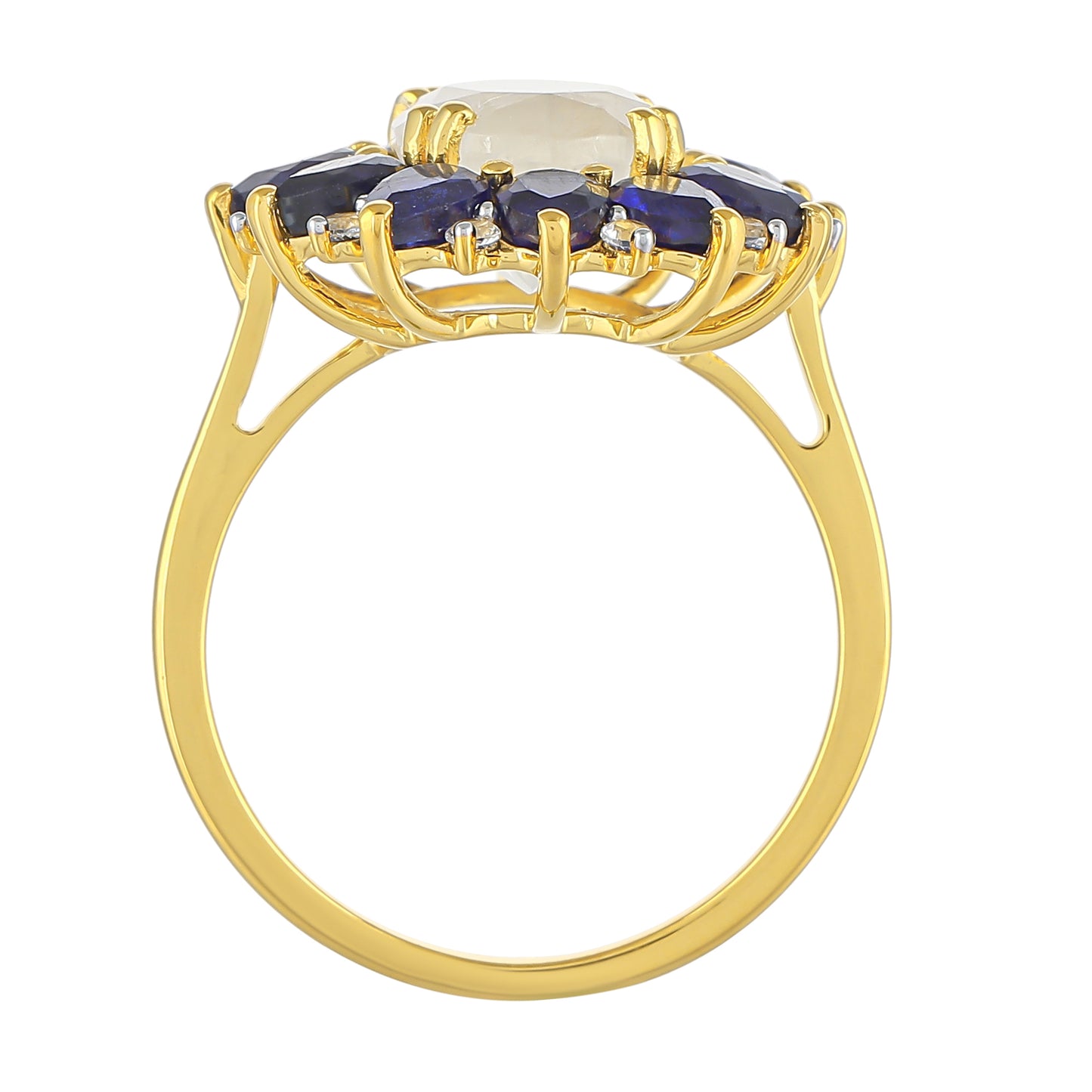 Pozlacený Stříbrný Prsten s Duhovým Měsíčním Kamenem a Thajským Safírem