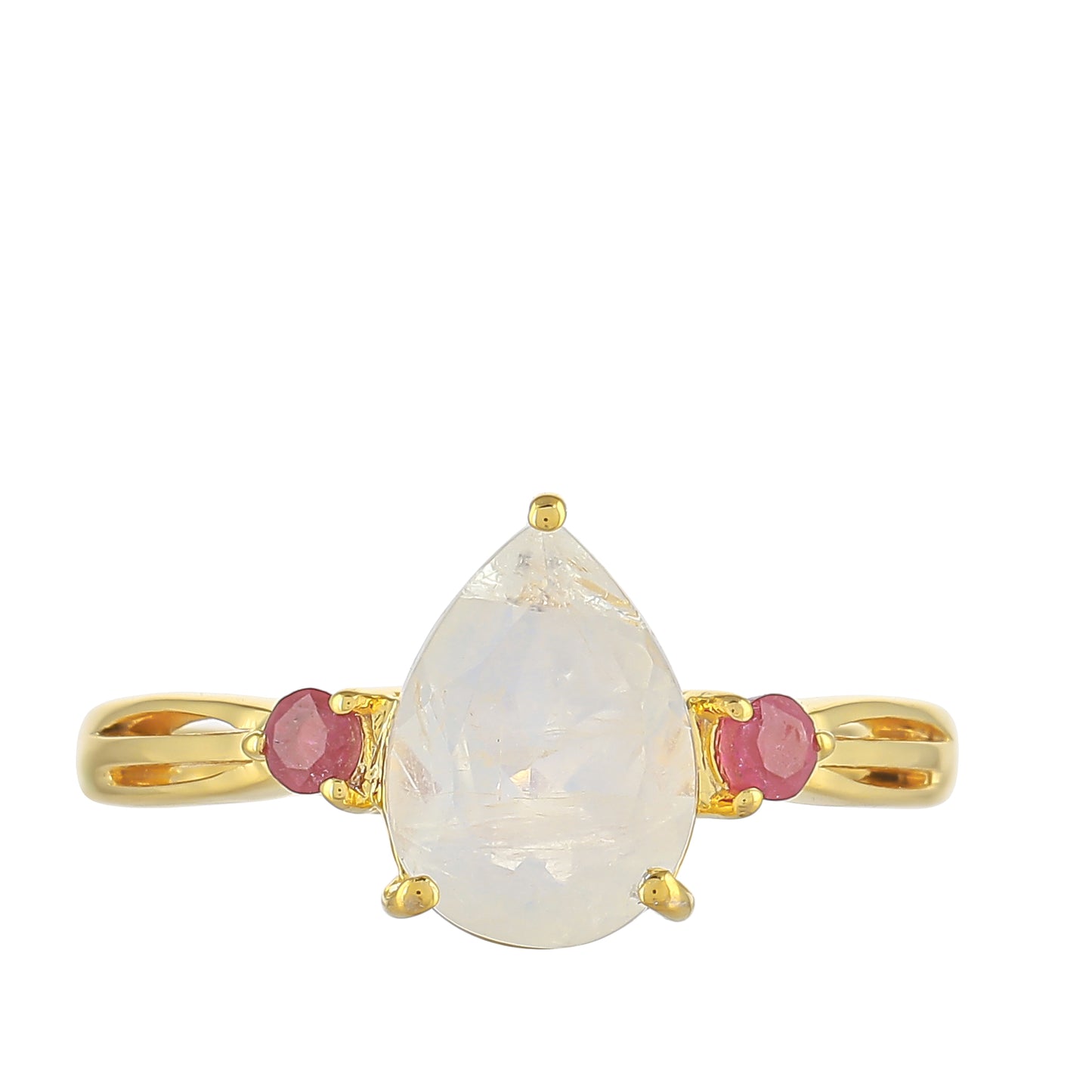 Pozlacený Stříbrný Prsten s Duhovým Měsíčním Kamenem a Thajským Rubínem