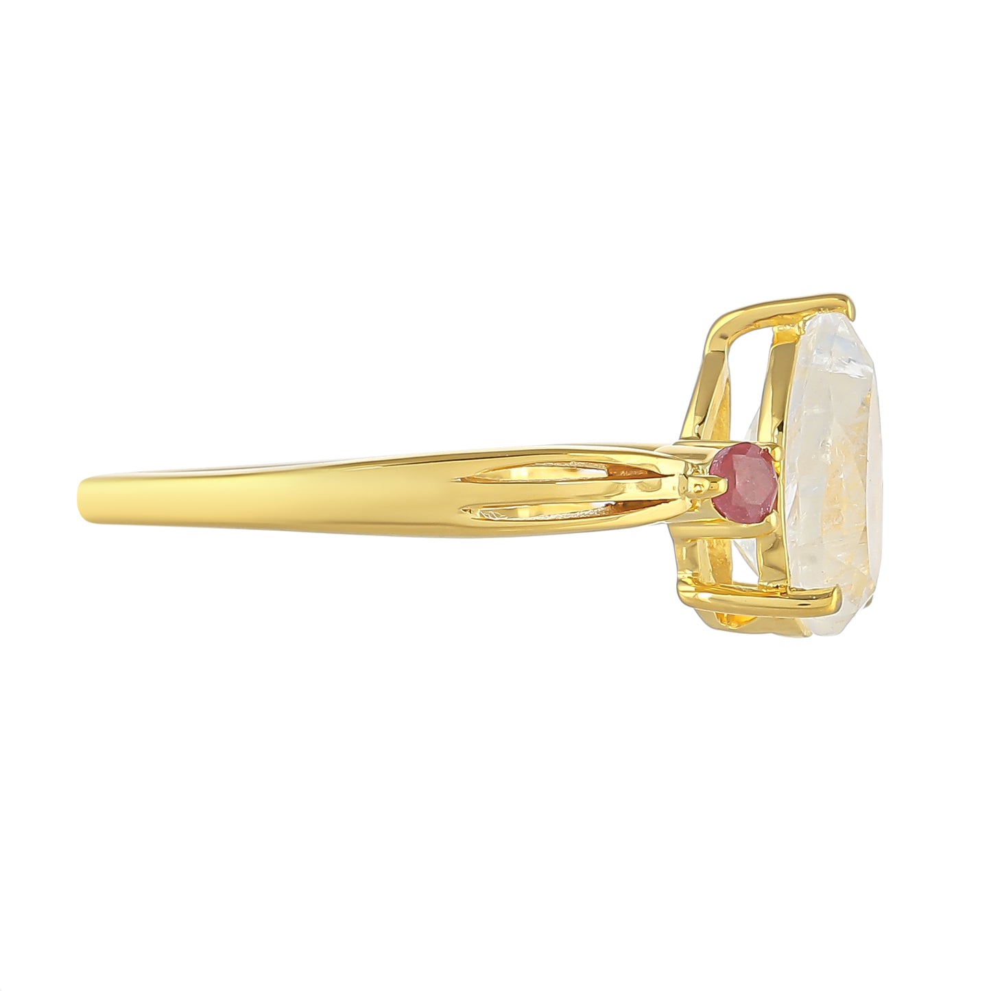 Pozlacený Stříbrný Prsten s Duhovým Měsíčním Kamenem a Thajským Rubínem