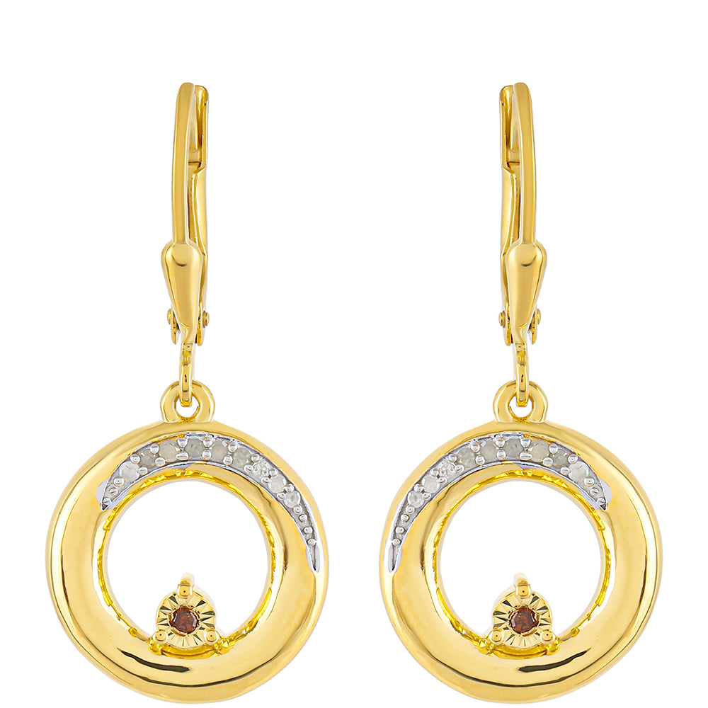 Pozlacené Stříbro 925/1000 - Náušnice s Červeným Diamantem a Bílým Diamantem - Karátové číslo: 0.12. přibližná hmotnost: 4.63 gramů 1 