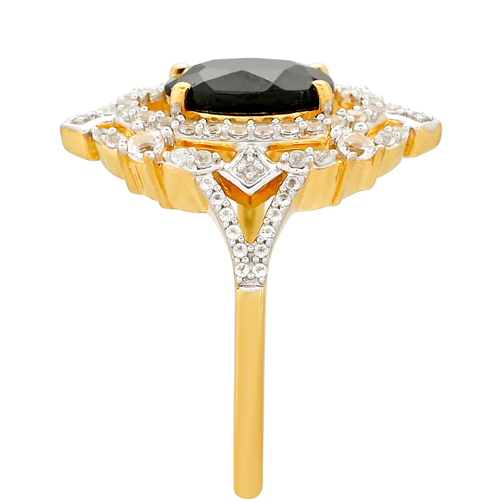 Pozlacené Stříbro 925/1000 - Prsten s Černým Turmalínem a Bílým Topazem - Karátové číslo: 2.07. přibližná hmotnost: 3.89 gramů 3 