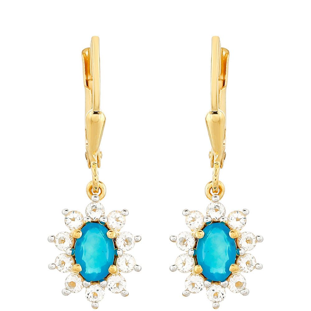 Pozlacené Stříbrné Náušnice s etiopským Paraiba modrým opálem a Bílým Topazem