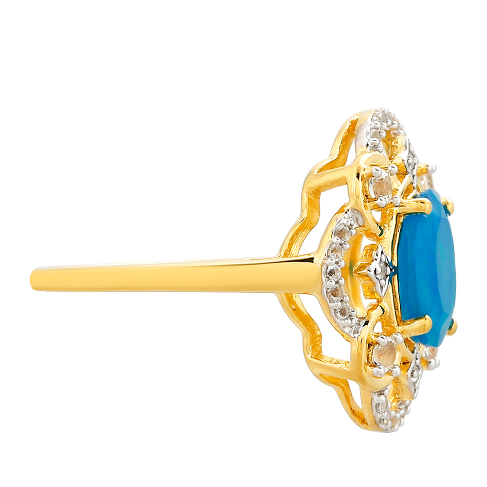 Pozlacené Stříbro 925/1000 - Prsten s etiopským Paraiba modrým opálem a Bílým Topazem - Karátové číslo: 1.29. přibližná hmotnost: 3.04 gramů