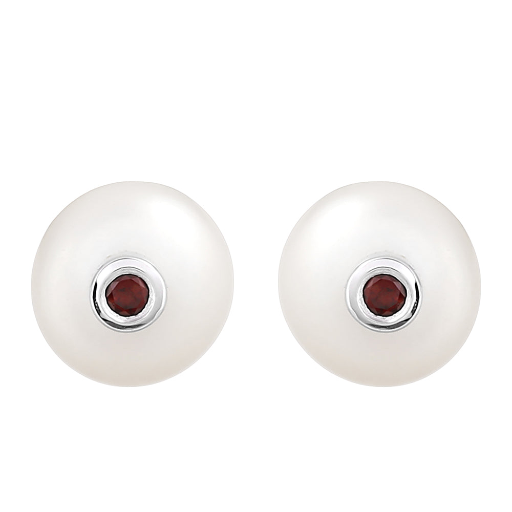 Stříbro 925/1000 - Náušnice s Granátem a Bílou Sladkovodní Perlou - Karátové číslo: 3.45. přibližná hmotnost: 1.5 gramů