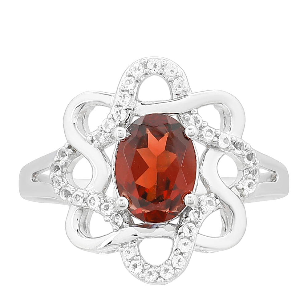 Stříbro 925/1000 - Prsten s Granátem a Bílým Topazem - Karátové číslo: 1.55. přibližná hmotnost: 3 gramů