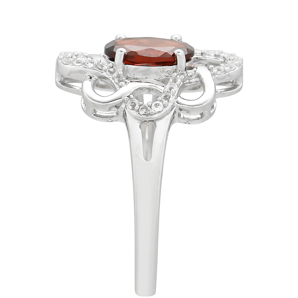 Stříbro 925/1000 - Prsten s Granátem a Bílým Topazem - Karátové číslo: 1.55. přibližná hmotnost: 3 gramů 3 