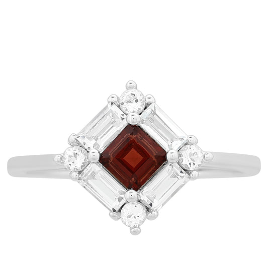 Stříbro 925/1000 - Prsten s Granátem a Bílým Topazem - Karátové číslo: 1.18. přibližná hmotnost: 2.14 gramů