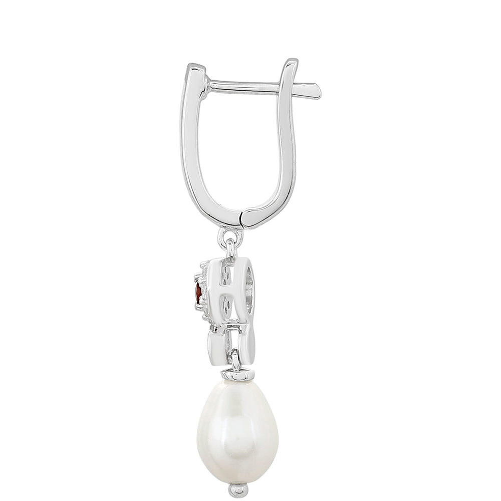 Stříbrné Náušnice s Granátem a Bílou Sladkovodní Perlou