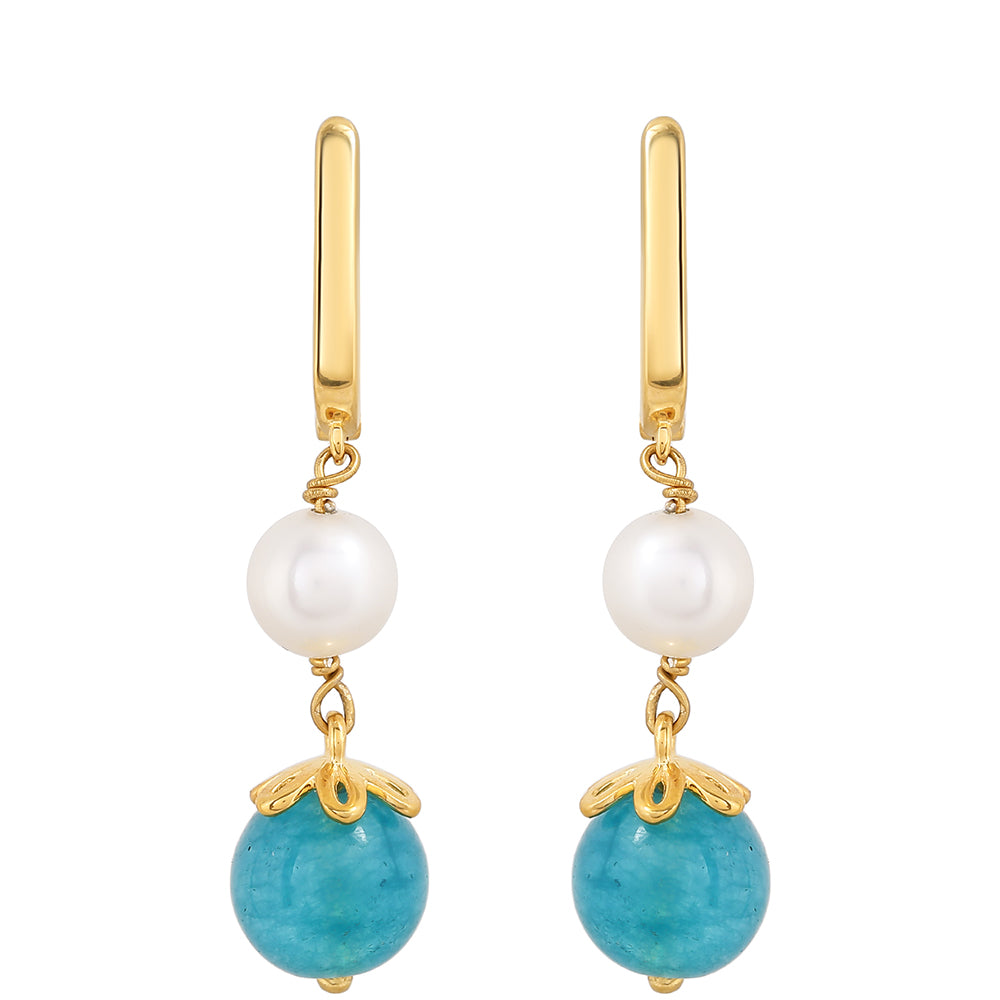 Pozlacené Stříbrné Náušnice s Paraiba Křemenem a Bílou Sladkovodní Perlou 1 