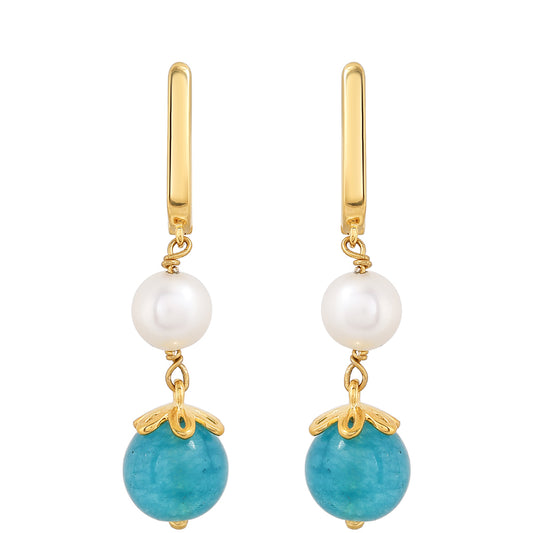 Pozlacené Stříbrné Náušnice s Paraiba Křemenem a Bílou Sladkovodní Perlou