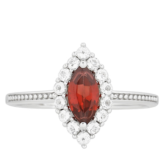 Stříbro 925/1000 - Prsten s Granátem a Bílým Topazem - Karátové číslo: 1.04. přibližná hmotnost: 2.11 gramů