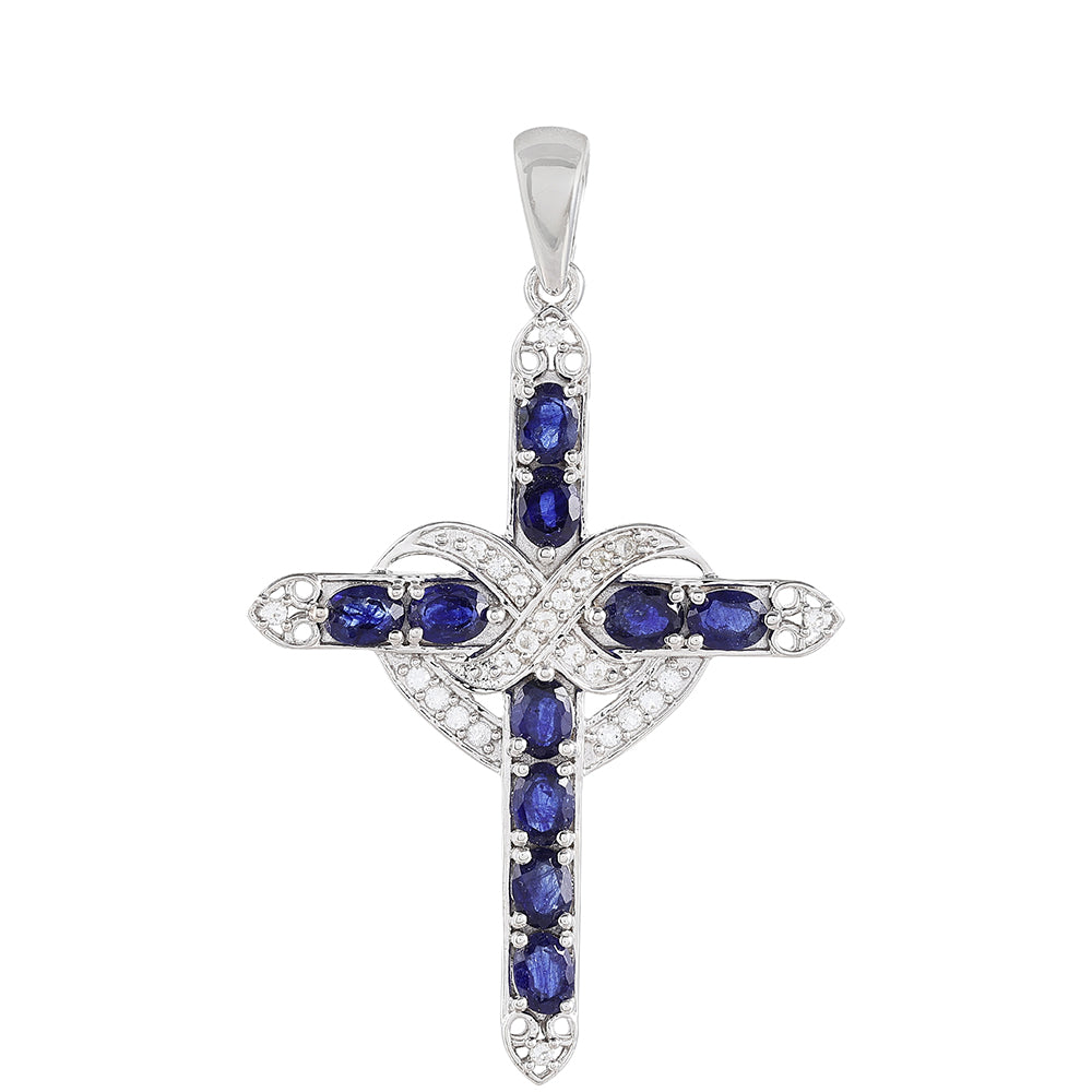 Kříž Stříbrný Přívěsek s Thajským Safírem a Bílým Topazem