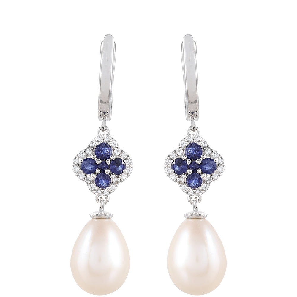 Stříbrné Náušnice s Thajským Safírem a Bílou Sladkovodní Perlou 1 