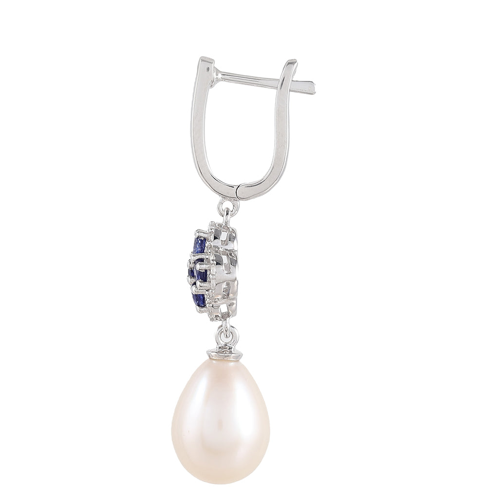 Stříbrné Náušnice s Thajským Safírem a Bílou Sladkovodní Perlou