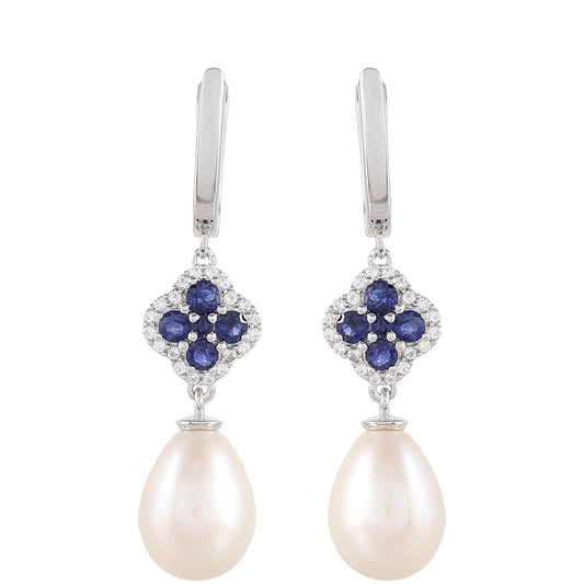 Stříbrné Náušnice s Thajským Safírem a Bílou Sladkovodní Perlou