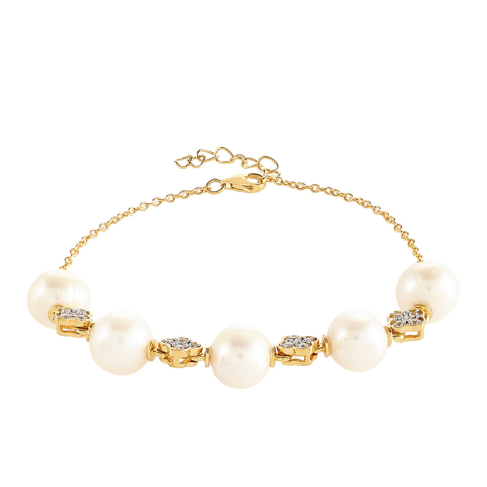 Pozlacené Stříbro 925/1000 - Náramek s Barokní Sladkovodní Kultivovanou Perlou a Bílým Topazem - Karátové číslo: 25.82. přibližná hmotnost: 8.44 gramů 2 