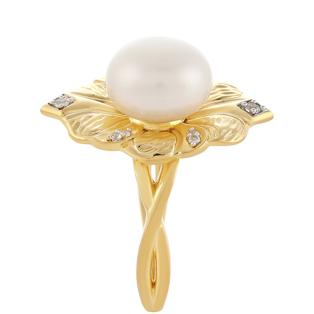 Pozlacené Stříbro 925/1000 - Prsten s Barokní Sladkovodní Kultivovanou Perlou a Bílým Topazem - Karátové číslo: 5.96. přibližná hmotnost: 6.01 gramů