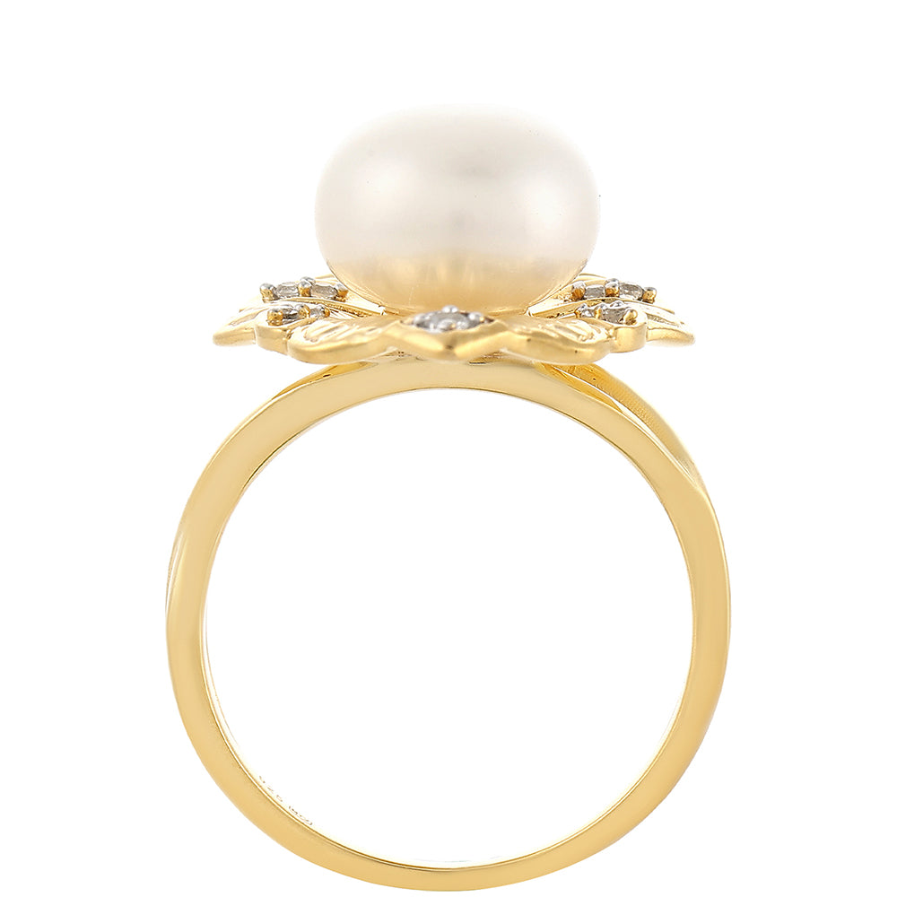 Pozlacené Stříbro 925/1000 - Prsten s Barokní Sladkovodní Kultivovanou Perlou a Bílým Topazem - Karátové číslo: 5.96. přibližná hmotnost: 6.01 gramů 3 