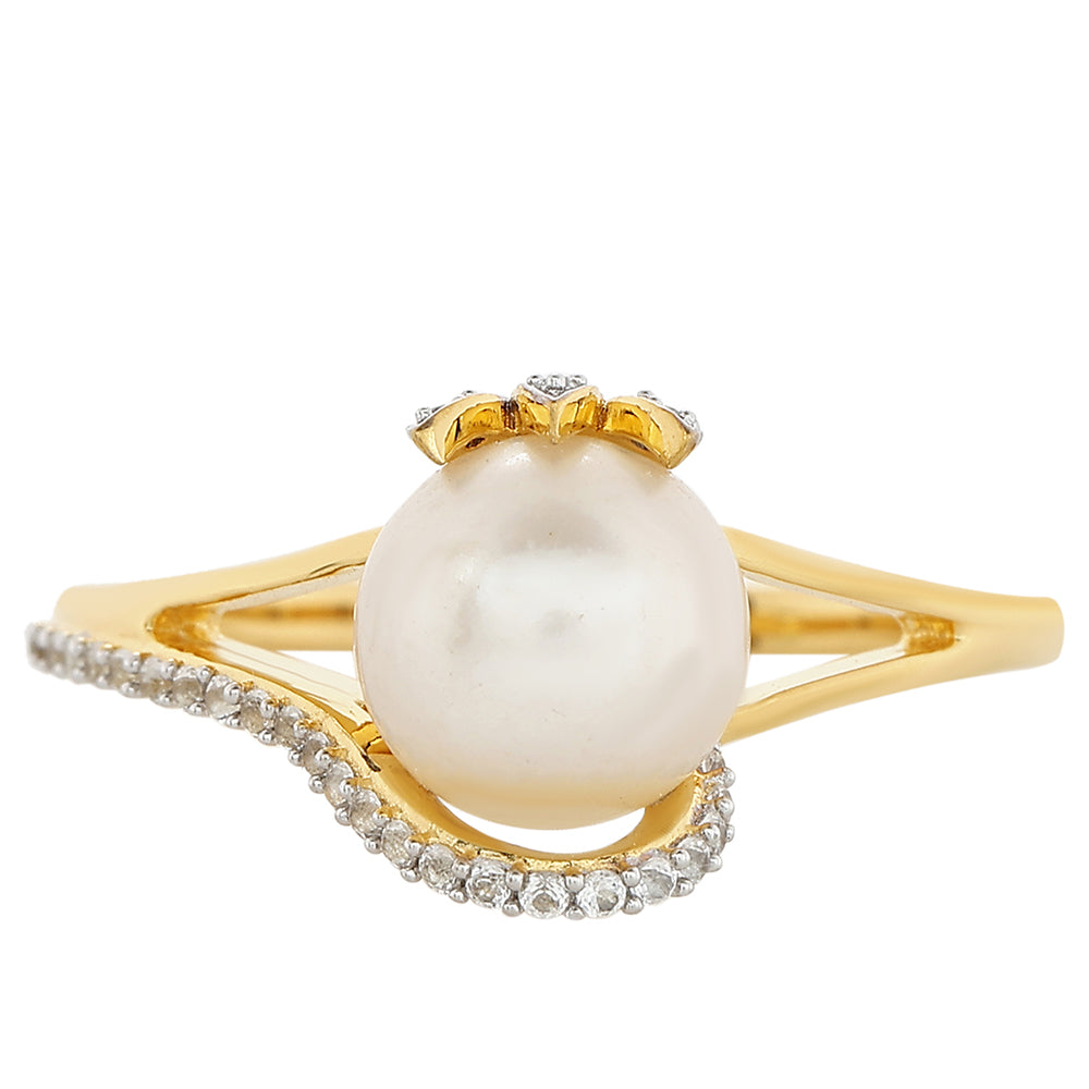 Pozlacené Stříbro 925/1000 - Prsten s Barokní Sladkovodní Kultivovanou Perlou a Bílým Topazem - Karátové číslo: 2.84. přibližná hmotnost: 2.85 gramů 1 