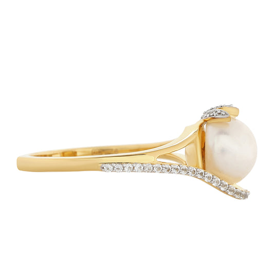 Pozlacené Stříbro 925/1000 - Prsten s Barokní Sladkovodní Kultivovanou Perlou a Bílým Topazem - Karátové číslo: 2.84. přibližná hmotnost: 2.85 gramů