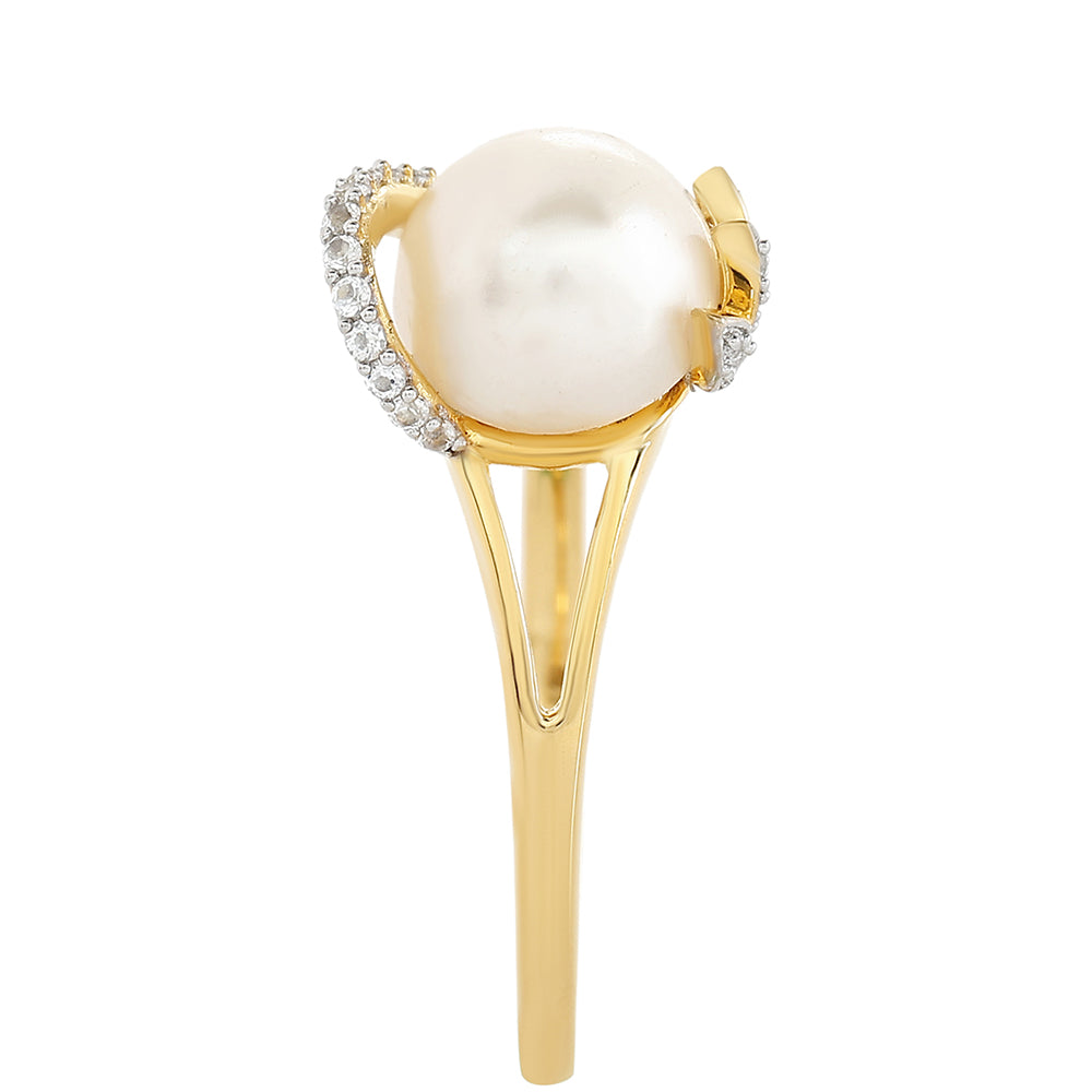 Pozlacené Stříbro 925/1000 - Prsten s Barokní Sladkovodní Kultivovanou Perlou a Bílým Topazem - Karátové číslo: 2.84. přibližná hmotnost: 2.85 gramů 4 