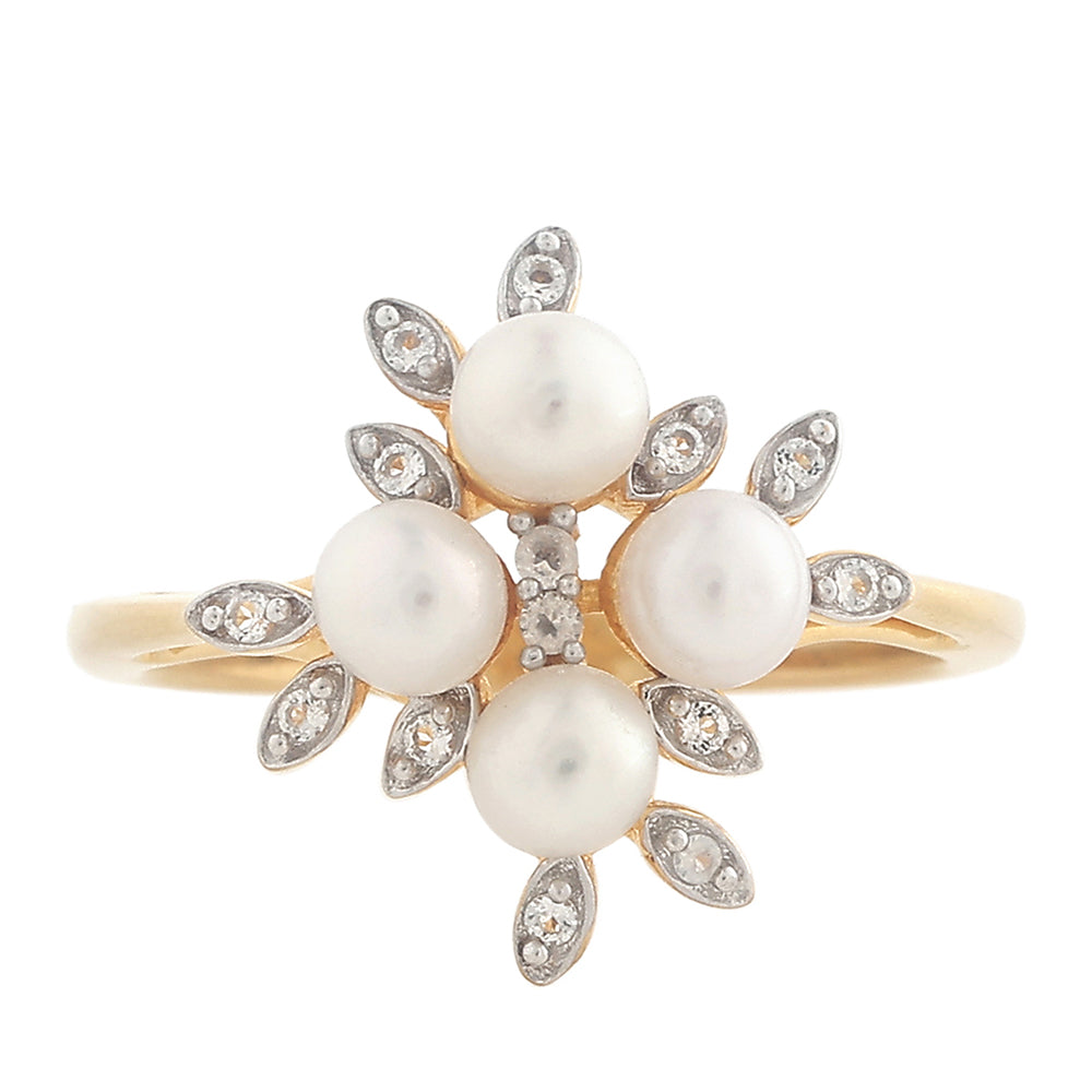 Pozlacené Stříbro 925/1000 - Prsten s Barokní Sladkovodní Kultivovanou Perlou a Bílým Topazem - Karátové číslo: 1.44. přibližná hmotnost: 2.86 gramů