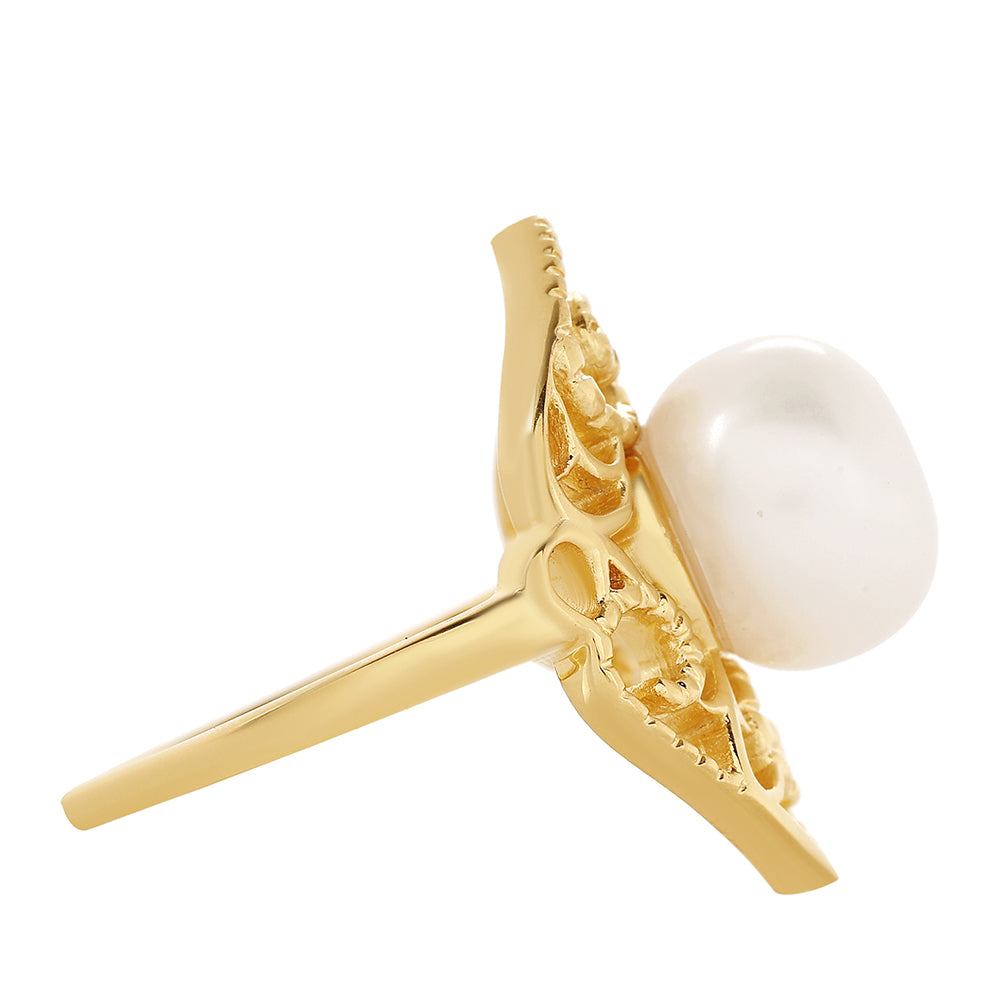Pozlacené Stříbro 925/1000 - Prsten s Barokní Sladkovodní Kultivovanou Perlou - Karátové číslo: 2.6. přibližná hmotnost: 4.31 gramů 2 