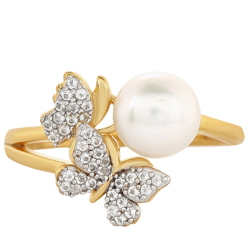 Pozlacené Stříbro 925/1000 - Prsten s Barokní Sladkovodní Kultivovanou Perlou a Bílým Topazem - Karátové číslo: 2.37. přibližná hmotnost: 2.86 gramů 1 
