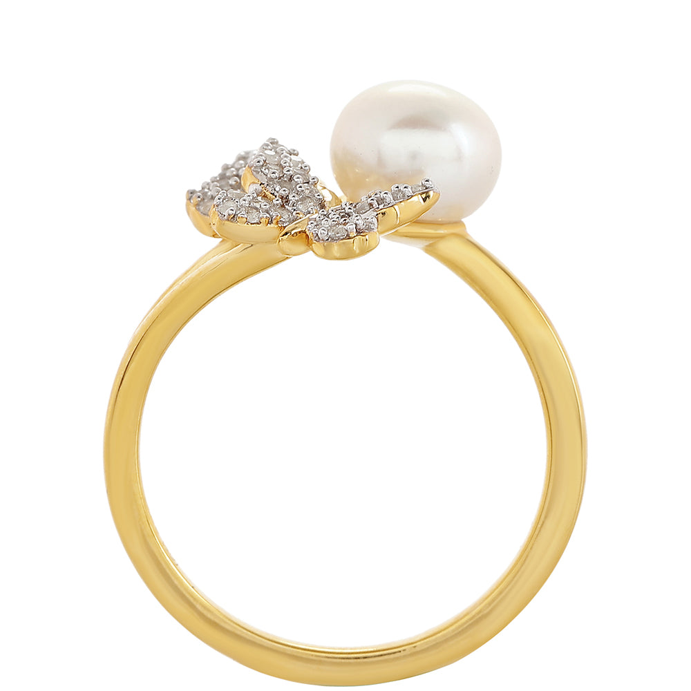 Pozlacené Stříbro 925/1000 - Prsten s Barokní Sladkovodní Kultivovanou Perlou a Bílým Topazem - Karátové číslo: 2.37. přibližná hmotnost: 2.86 gramů