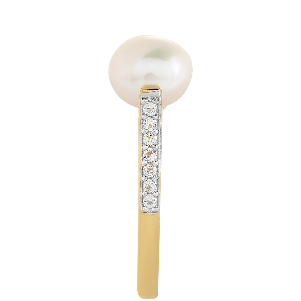 Pozlacené Stříbro 925/1000 - Prsten s Barokní Sladkovodní Kultivovanou Perlou a Bílým Topazem - Karátové číslo: 2.49. přibližná hmotnost: 2.4 gramů 4 