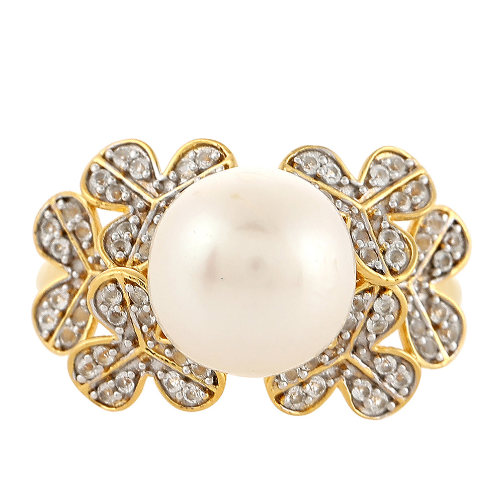 Pozlacené Stříbro 925/1000 - Prsten s Barokní Sladkovodní Kultivovanou Perlou a Bílým Topazem - Karátové číslo: 6.87. přibližná hmotnost: 5.44 gramů 1 