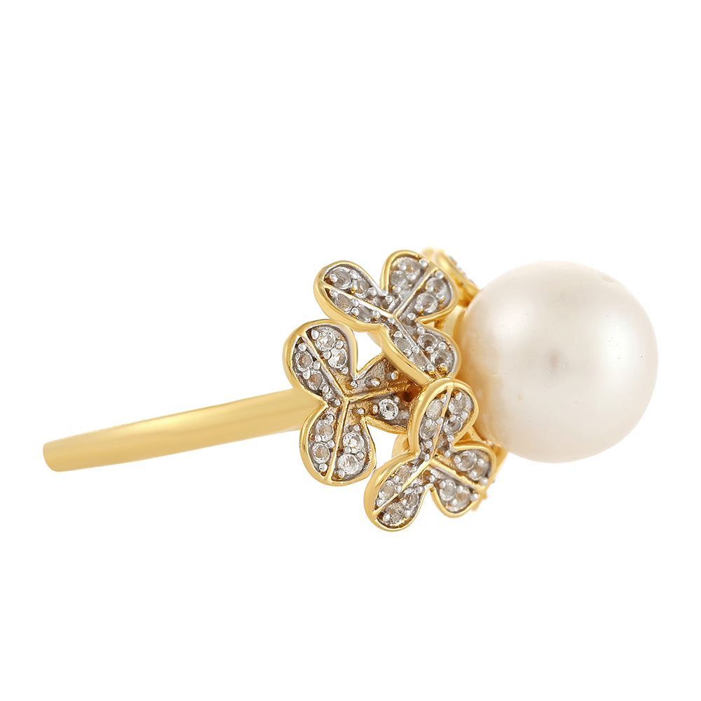 Pozlacené Stříbro 925/1000 - Prsten s Barokní Sladkovodní Kultivovanou Perlou a Bílým Topazem - Karátové číslo: 6.87. přibližná hmotnost: 5.44 gramů 2 