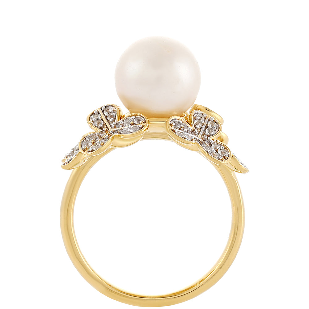 Pozlacené Stříbro 925/1000 - Prsten s Barokní Sladkovodní Kultivovanou Perlou a Bílým Topazem - Karátové číslo: 6.87. přibližná hmotnost: 5.44 gramů 3 
