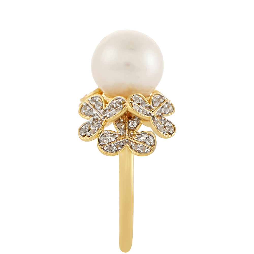 Pozlacené Stříbro 925/1000 - Prsten s Barokní Sladkovodní Kultivovanou Perlou a Bílým Topazem - Karátové číslo: 6.87. přibližná hmotnost: 5.44 gramů