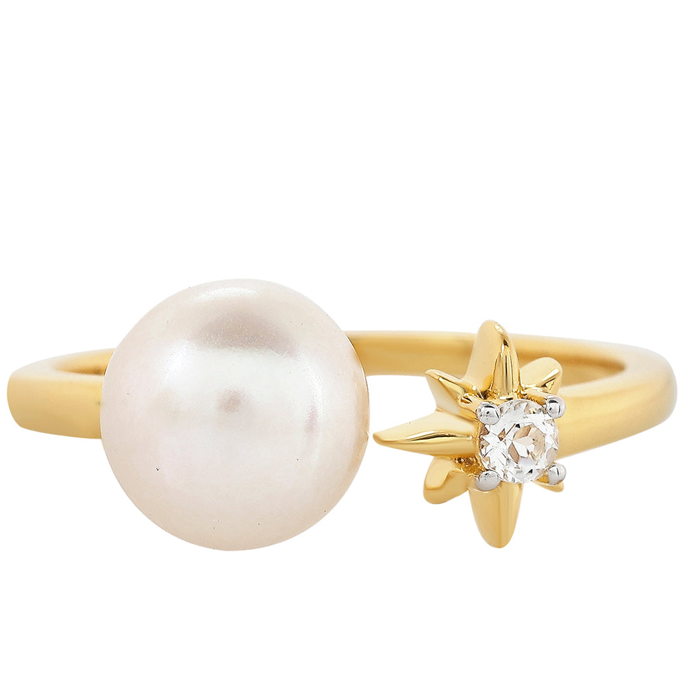Pozlacené Stříbro 925/1000 - Prsten s Barokní Sladkovodní Kultivovanou Perlou a Bílým Topazem - Karátové číslo: 2.94. přibližná hmotnost: 2.37 gramů 1 