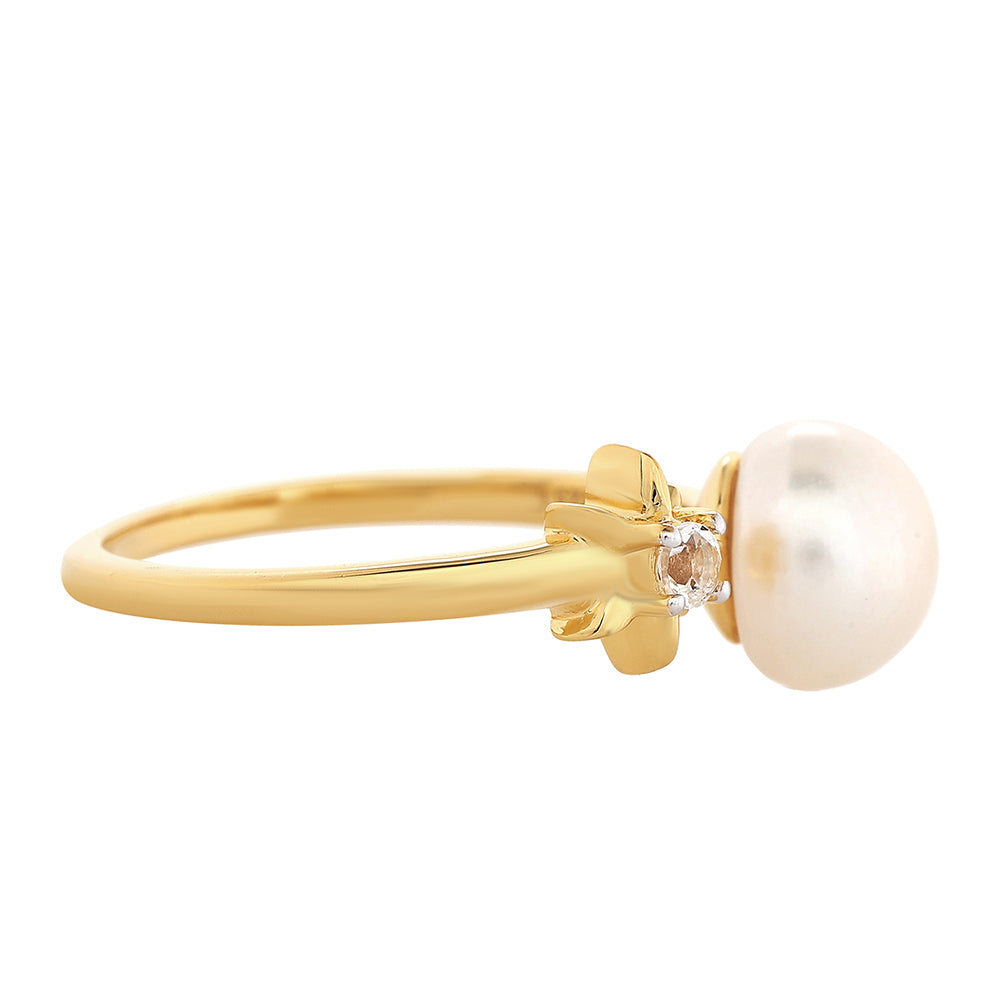 Pozlacené Stříbro 925/1000 - Prsten s Barokní Sladkovodní Kultivovanou Perlou a Bílým Topazem - Karátové číslo: 2.94. přibližná hmotnost: 2.37 gramů 2 